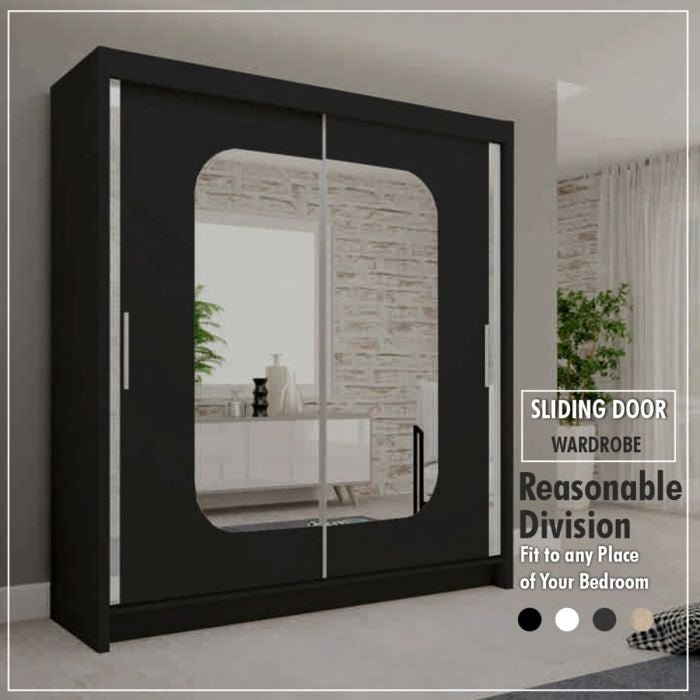 CHOICEWARDROBE 120cm matt black sliding door wardrobe with central rounded mirror.