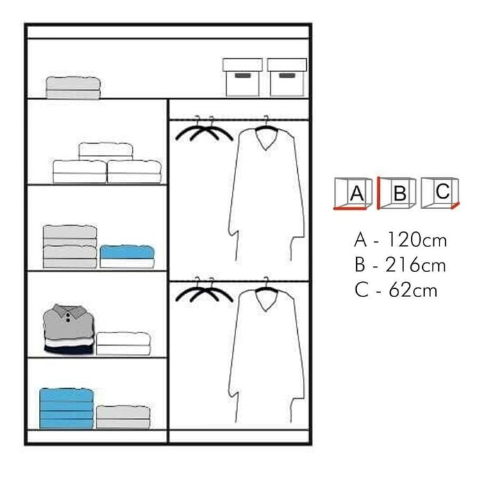 CHOICEWARDROBE Bartholomew 120cm sliding wardrobe internal layout diagram showing shelves and hanging rails with dimensions.