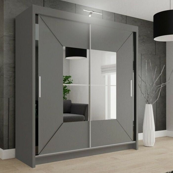 CHOICEWARDROBE Bartholomew 120cm matt grey sliding door wardrobe with central mirror and geometric panel.