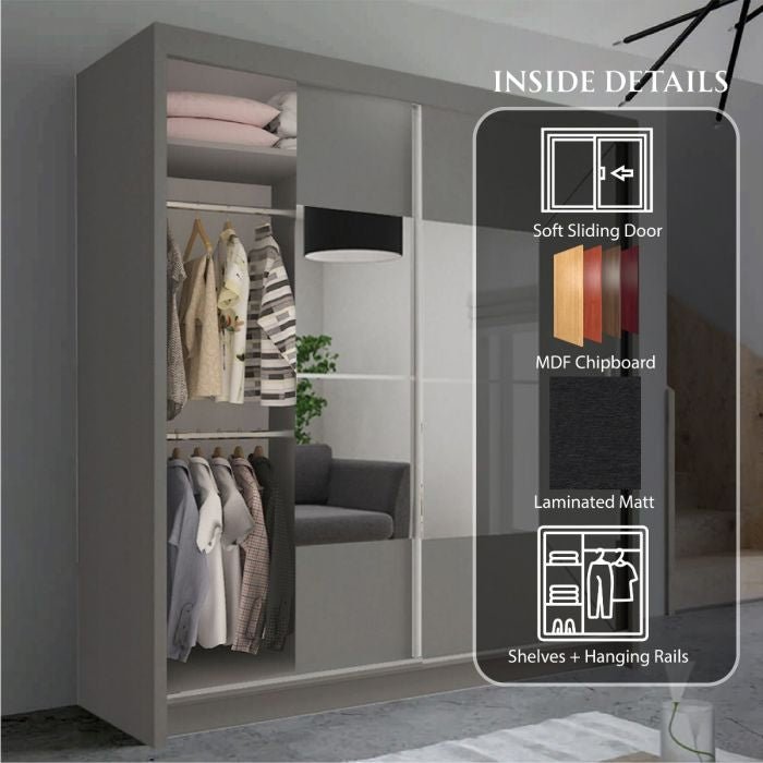 CHOICEWARDROBE Bartholomew 120cm sliding door wardrobe in matt grey with central mirror.
