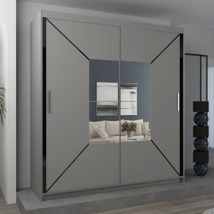 Matt grey 2-door sliding door wardrobe with central mirror and geometric panels