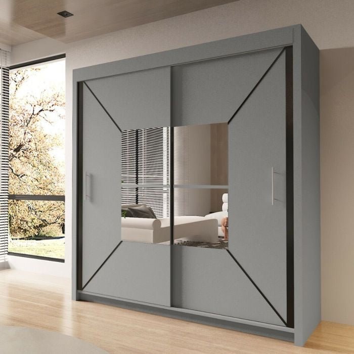 CHOICEWARDROBE Bartholomew 120cm matt grey sliding door wardrobe with central mirror and geometric panel detail.