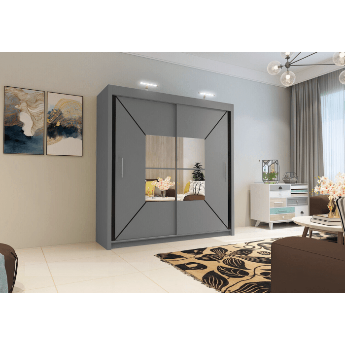CHOICEWARDROBE Bartholomew 120cm matt grey sliding door wardrobe with central geometric mirror