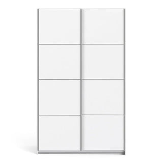 The CHOICEWARDROBE 122 cm White 2 Door Sliding Wardrobe features a silver frame and two sliding doors, each with four panels (eight in total), and is shown against a plain white background.