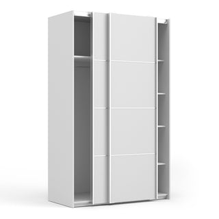 The CHOICEWARDROBE 122 cm White 2 Door Sliding Wardrobe offers a modern, compact design with shelves on both sides and a central hanging rail, making it ideal for stylish and versatile bedroom storage.