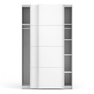 The CHOICEWARDROBE 122 cm White 2 Door Sliding Wardrobe offers a modern, compact look with left-side hanging space and five right-side shelves for organized bedroom storage.