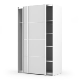 The CHOICEWARDROBE 122 cm White 2 Door Sliding Wardrobe is a modern, compact storage solution featuring right-side shelves and a left-side hanging rail—perfect for stylish and practical bedroom organization.
