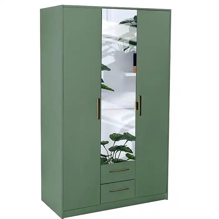 Green 3-door mirrored wardrobe with gold handles and double drawers