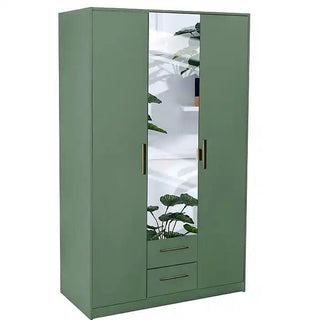 The CHOICEWARDROBE 135cm Hinged Door Mirrored Wardrobe in matt green features gold handles, three doors including a mirrored center, and double drawer storage—perfect for stylishly reflecting greenery and organizing your bedroom.