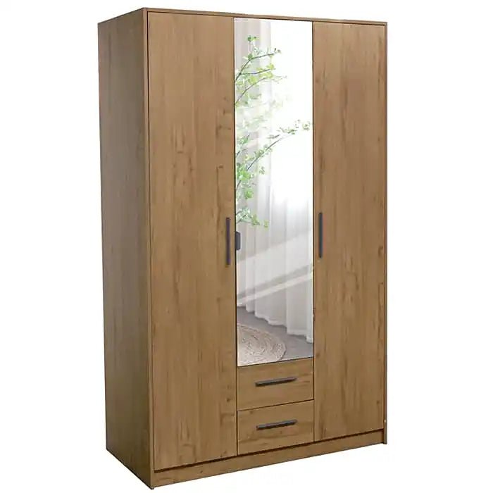 Planked oak 3-door mirrored wardrobe with two drawers