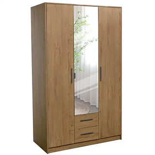 The CHOICEWARDROBE Planked Oak 2 Door Mirrored Wardrobe features a full-length mirrored door, two spacious drawers for added bedroom storage, and stylish dark handles. A curtain and green plant are reflected in the mirror. Width: 120cm.