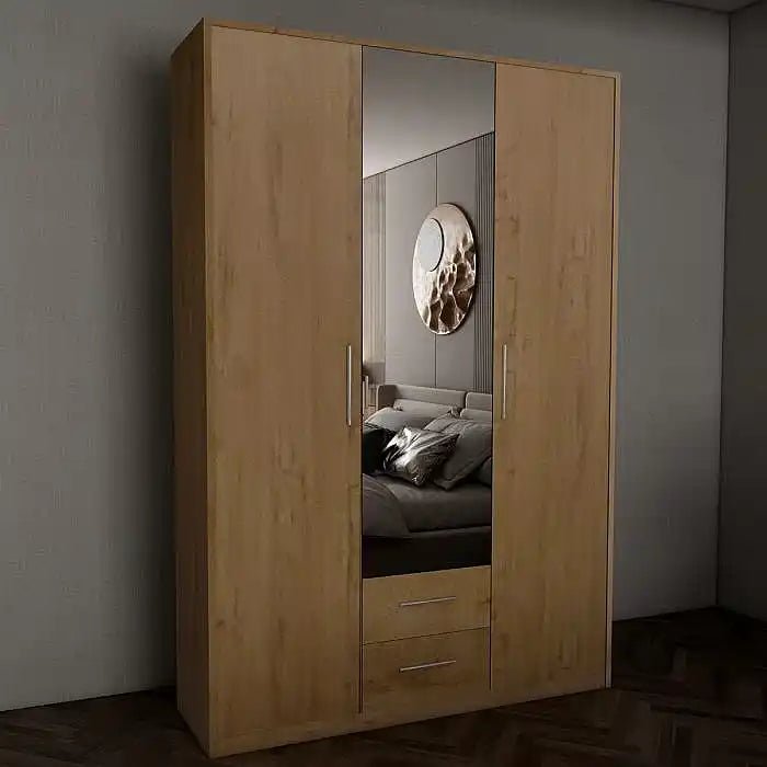 CHOICEWARDROBE 3 door planked oak wardrobe with mirrored central door and two drawers