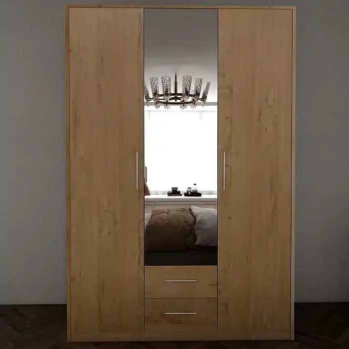 Planked oak 2-door wardrobe with central mirror and two drawers