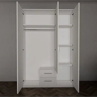 The CHOICEWARDROBE Planked Oak 2 Door Mirrored Wardrobe with Drawers (120cm wide) stands against a gray wall, offering smart bedroom storage with a hanging rod, open shelves, and two drawers. It contrasts beautifully with the herringbone dark wood floor.