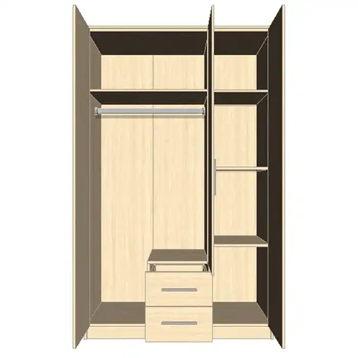 Open 3-door wardrobe interior with hanging rail, shelves, and two drawers; light wood finish