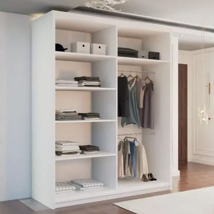 CHOICEWARDROBE 150cm matt white sliding door wardrobe with shelving and hanging space.