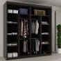 The CHOICEWARDROBE 180cm Black Sliding Door Wardrobe with wave mirrored glass, shelves, and hanging space stores folded clothes, storage boxes, and hanging garments. A plant is placed to the right of the wardrobe.