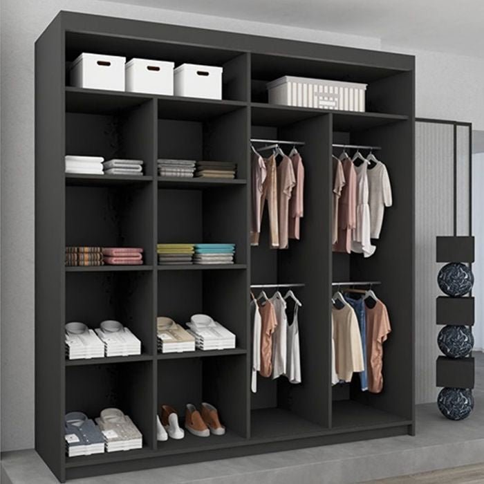 CHOICEWARDROBE Bartholomew sliding door wardrobe in matt grey with geometric diagonal panels, showing organised shelves and hanging rails.