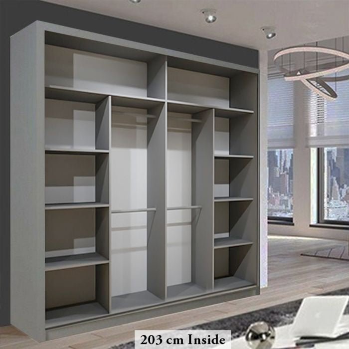 Grey 203cm sliding door wardrobe with mirrored front panels and internal shelving/hanging rails.