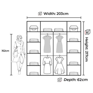The CHOICEWARDROBE 203cm Sliding Door Mirrored Wardrobe in matt grey with wave-design panels is shown with labeled dimensions: width 203 cm, height 217 cm, and depth 62 cm. A person 162 cm tall stands beside it for scale.
