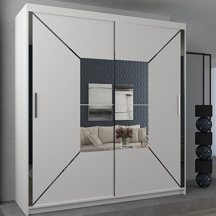 CHOICEWARDROBE Bartholomew matt white sliding door wardrobe with geometric diagonal panels.