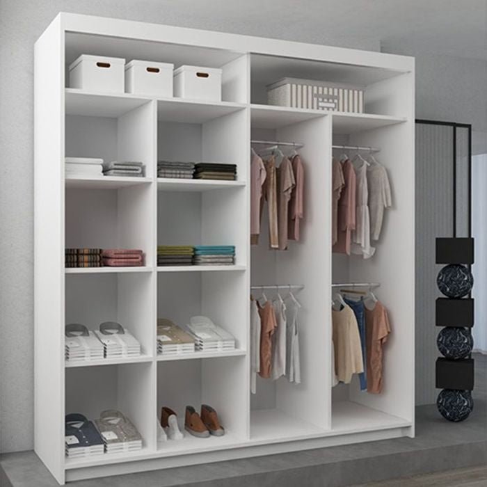 CHOICEWARDROBE Bartholomew matt white sliding door wardrobe with geometric diagonal panels.