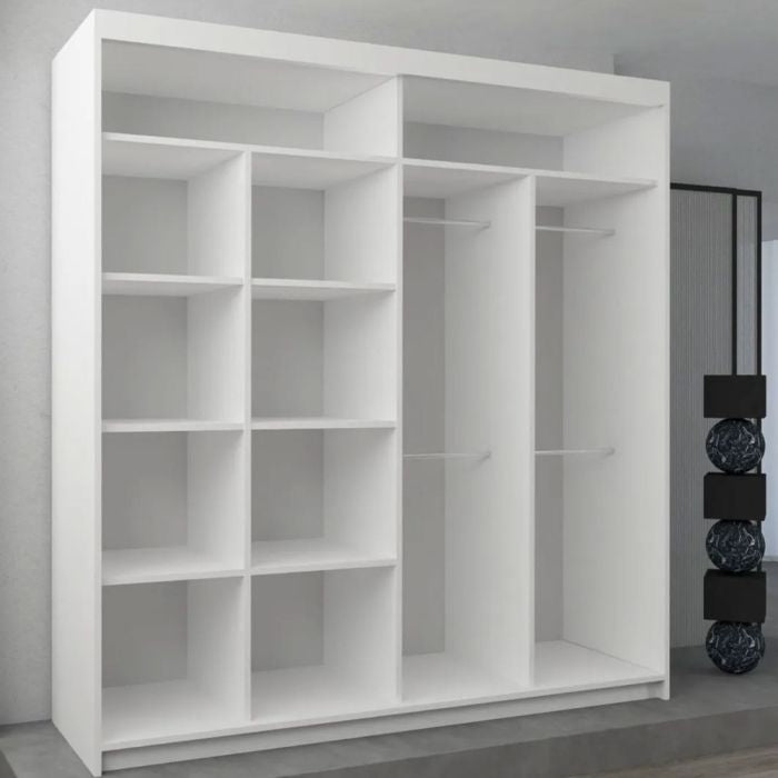 CHOICEWARDROBE Bartholomew matt white sliding door wardrobe with geometric diagonal panel design and open shelves.