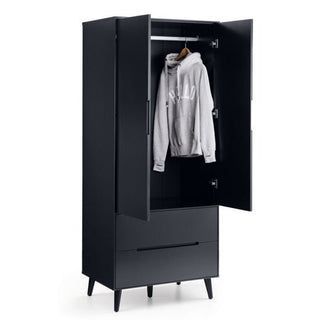 The CHOICEWARDROBE Abrina 80cm Anthracite 2 Door Wardrobe features open doors revealing a hanging gray hoodie inside, two bottom drawers, and four angled legs for a modern Scandinavian look.