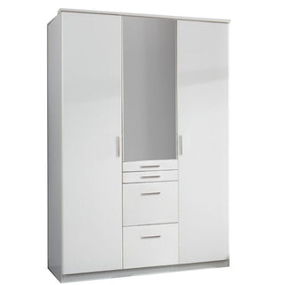 The CHOICEWARDROBE Acorn 3 Door Mirrored Wardrobe (135cm, white finish) features a central mirror, drawers, shelves, hanging rail, and metal handles. Its modern design makes it a versatile addition to any bedroom.