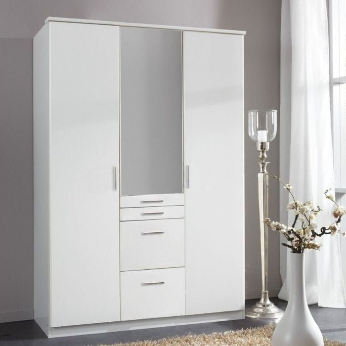 White 3 door mirrored wardrobe with integrated drawers