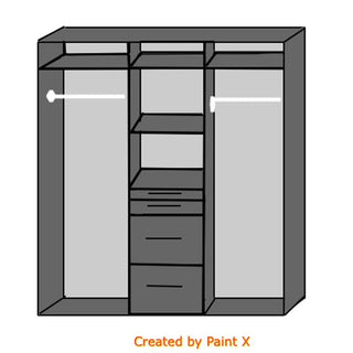 A simple drawing of the CHOICEWARDROBE Acorn 3 Door Mirrored Wardrobe in white, featuring outer hanging rails, a middle section with shelves and drawers. “Created by Paint X” is written at the bottom.