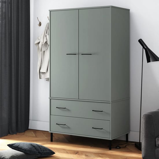 Grey wooden wardrobe with 2 doors and 2 drawers, Adica model, on black metal legs