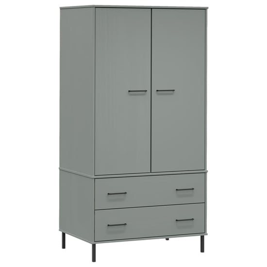 Grey wooden two-door wardrobe with two drawers and black metal legs.