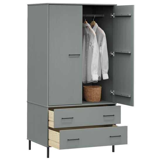 Grey 2-door wooden wardrobe with open doors showing hanging rail and a basket, with two drawers below.