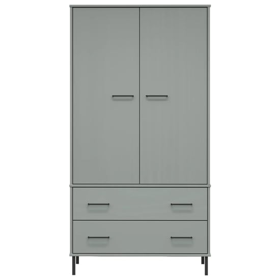 Front view of ChoiceWardrobe Adica 2 Door Grey Wardrobe featuring two drawers and sleek metal legs