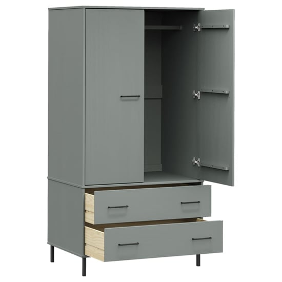 Grey wooden wardrobe with two doors, two drawers, and black metal legs, shown open.