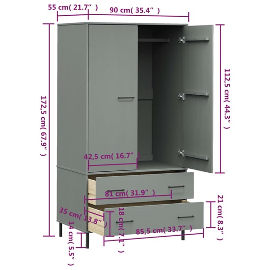 Grey 2-door wardrobe dimensions: 172.5cm H x 90cm W x 55cm D, with drawers & metal legs