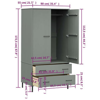Dimension guide for ChoiceWardrobe Adica Grey 2 Door Wardrobe with drawers and metal base legs