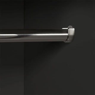 A close-up of the CHOICEWARDROBE Akron 2 Door Wooden Wardrobe in Walnut & Black shows its modern hanging rail, mounted horizontally on a dark backdrop—ideal for bedroom storage with only one end and bracket visible.