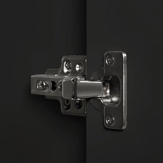 A close-up of a metal cabinet hinge on the CHOICEWARDROBE Akron 2 Door Wooden Wardrobe in Walnut & Black, showing the modern industrial style and sleek hardware partially open.