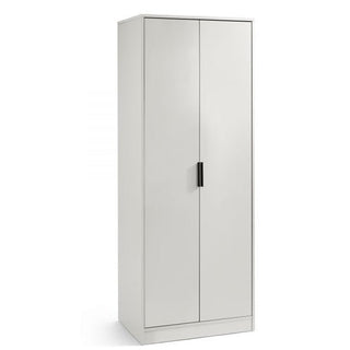 The CHOICEWARDROBE Akron Wooden Wardrobe is a tall, 2-door light grey cabinet with a minimalist design, central black handle, hanging rail, and shelves—ideal for stylish and practical bedroom storage.