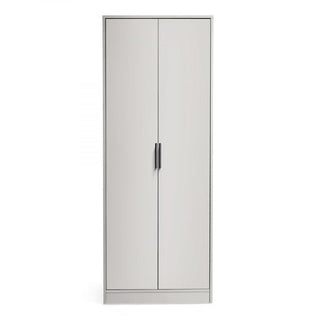 The CHOICEWARDROBE Akron Wooden Wardrobe is a tall, rectangular 2-door light grey storage cabinet with hanging rail and shelves, featuring black vertical handles—perfect for bedroom storage. Set against a plain white background.