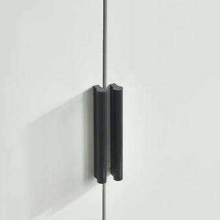 A close-up of two black vertical handles on the CHOICEWARDROBE Akron Wooden Wardrobe, a 2-door light grey storage cabinet with hanging rail and shelves, showing a narrow gap between the doors.