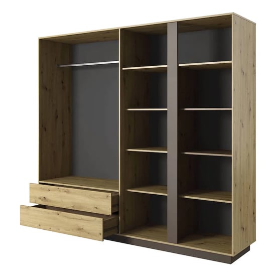 CHOICEWARDROBE Alaro 4 door oak effect wardrobe with mirrored panels and visible drawers.
