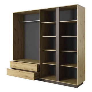The CHOICEWARDROBE Alaro 4 Door Mirrored Wooden Wardrobe in oak finish features a modern 220cm design with full-length mirrors, spacious drawers, ample hanging storage, and internal shelving for versatile organization.