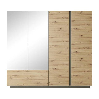 The CHOICEWARDROBE Alaro 4 Door Mirrored Wooden Wardrobe in oak finish features a modern 220cm rectangular design, full-length mirrors on two doors, two drawers below, and two solid wood doors for ample hanging storage.