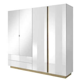 The CHOICEWARDROBE Alaro High Gloss White Mirrored Wardrobe features four doors with gold trim, two bottom-left drawers, a wooden base, and a modern luxury design. The rightmost door has a vertical handle; leftmost door and drawers have minimal square handles.