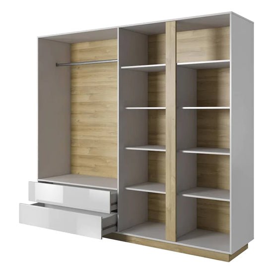 CHOICEWARDROBE Alaro 4 door wardrobe: white high gloss with oak detail, two open drawers, hanging rail, shelves.