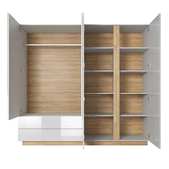 CHOICEWARDROBE Alaro 4-door white gloss wardrobe with oak, two mirrored doors, hanging space and drawers left, shelves right.