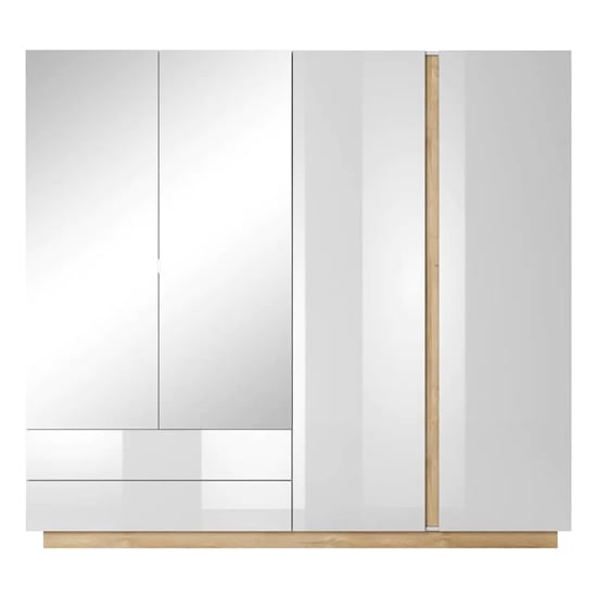 CHOICEWARDROBE Alaro 4-door wardrobe in high gloss white with mirrored panels, oak detailing, and gold trim.
